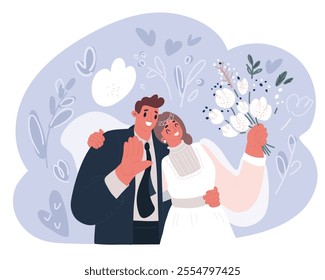 Cartoon vector illustration of Bride and groom at wedding. Guy and girl smiling. Greeting and invitation card, couple in love.