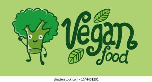 cartoon vector illustration broccoli logo vegan food lettering