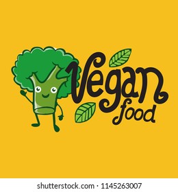cartoon vector illustration broccoli logo vegan food lettering