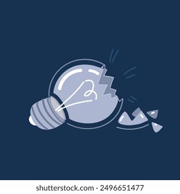 Cartoon vector illustration of Broken light bulb. Crack in lightbulb. Concept of idea and solution of problem. Broken Electric light over dark background