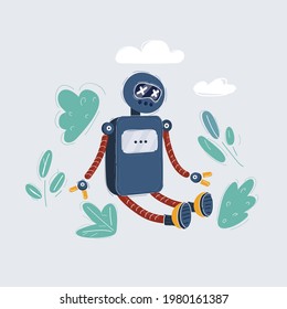 Cartoon vector illustration of broken robot characteк is sitting on the floor