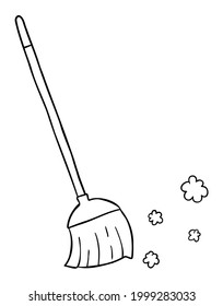 Cartoon vector illustration of broom and cleaning. Black outlined and white colored.