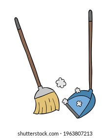 Cartoon vector illustration of broom and dustpan, sweep the floor. Colored and black outlines.