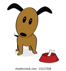 Cartoon vector illustration of a brown dog with a bone on his plate