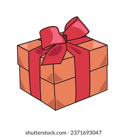 A cartoon vector illustration of a brown gift box with a red ribbon and bow on a white background.