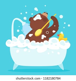 Cartoon vector illustration of brown grizzly bear, isolated on blue background. Teddy taking a bath full of soap foam. Yellow rubber duck in bathtub. Hygiene concept.