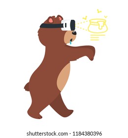 Cartoon vector illustration of brown grizzly bear, isolated on white background. Teddy wearing virtual reality glasses and see a silhouette of honey pot.