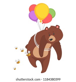 Cartoon vector illustration of brown grizzly bear, isolated on white background. Teddy trying to escape from angry bees with the help of balloons, attached to the back.