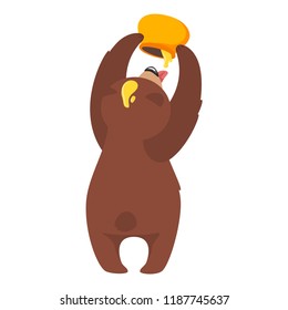 Cartoon vector illustration of brown grizzly bear, isolated on white background. Teddy holding pot with honey and trying to reach all sticky nectar with tongue. 