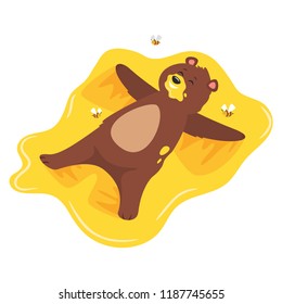 Cartoon vector illustration of brown grizzly bear, isolated on white background. Teddy lying in sticky sweet honey like a snow angel. Bees flying around. 