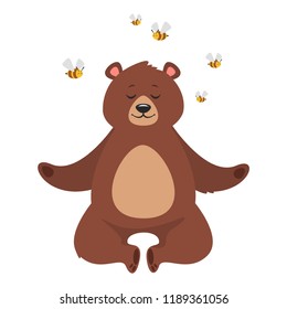 Cartoon vector illustration of brown grizzly bear, isolated on white background. Teddy is sitting in a yoga lotus pose. Bees flying around.
