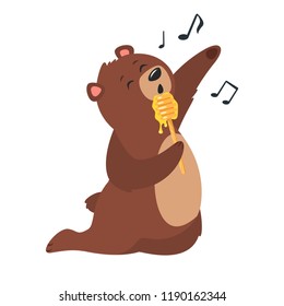 Cartoon vector illustration of brown grizzly bear, isolated on white background. Teddy holding wooden dipper with sticky honey like a microphone and sing.