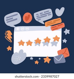 Cartoon vector illustration of Browser with rating, five stars in golden. safari 5 stars rating. quality review. success. goodover dark backround.