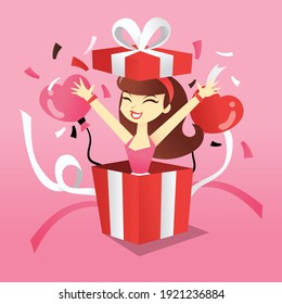 A cartoon vector illustration of a brunette girl in a surprise gift box on a pink background.