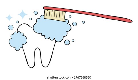 Cartoon vector illustration of brushing teeth. Colored and black outlines.