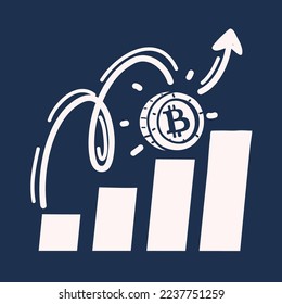 Cartoon vector illustration of BTC Bitcoin on is rising. Future of Crypto Currency