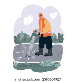 Cartoon vector illustration of Builder worker pneumatic hammer drills hole in concrete
