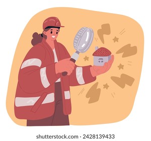 Cartoon vector illustration of builders in helmet. Woman engeneer want to build house