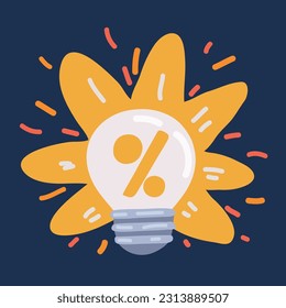 Cartoon vector illustration of bulb with percent discount sign inside. Sale symbol. Special offer label over dark background