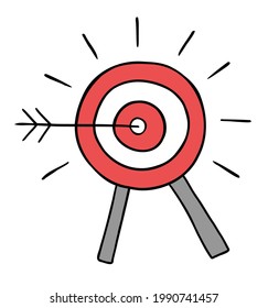 Cartoon vector illustration of bulls eye and dart hit the target. Colored and black outlines.