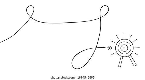 Ilustración vectorial de dibujos animados del objetivo del ojo del toro, tiro interesante, pero golpeando el objetivo. Color blanco y negro delineado.