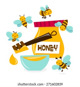 A cartoon vector illustration of a bunch of cute honey bees swarming over a bowl and a jar of honey. 