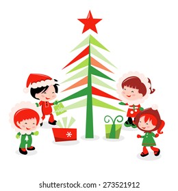 A cartoon vector illustration of a bunch of cute kids in winter wear surrounding a christmas tree with gifts.