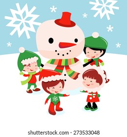 A cartoon vector illustration of a bunch of cute kids wearing winter wear, playing with snow and making a snowman in winter landscape.