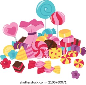 A cartoon vector illustration of a bunch of super colorful cheerful candies and lollipops.