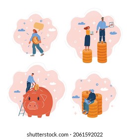 Cartoon vector illustration of Bundle of rich men and women with money. Big stack of coin and little people around. Savings, earnings, salary, business and finance