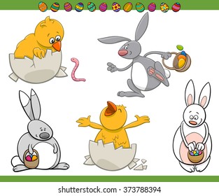Cartoon Vector Illustration of Bunnies and Chicks Easter Characters