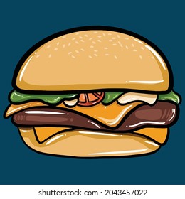 cartoon vector illustration of burger cheeseburger, hamburger, fast food, with line design style