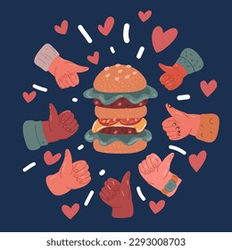 Cartoon vector illustration of burger and giving a thumbs up over dark backround
