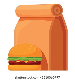 Cartoon vector illustration of a burger standing near a brown paper package for food delivery