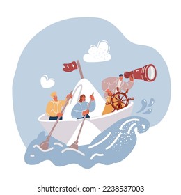 Cartoon vector illustration of business concept of freedom and believe ,origami made paper sailing boat and team float in it