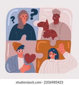 Cartoon vector illustration of Business concept. Team metaphor. People connecting puzzle elements. Symbol of teamwork, cooperation, partnership.