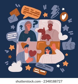 Cartoon vector illustration of Business concept. Team metaphor. People connecting puzzle elements. Symbol of teamwork, cooperation, partnership over dark background