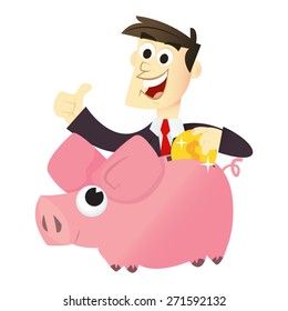 A cartoon vector illustration of business concept: great savings. A man in business suit is seen putting a large gold coin on a piggy bank while doing a thumb up.