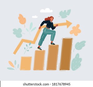 Cartoon vector illustration of business and education concept - smiling businesswoman stepping on pile of books