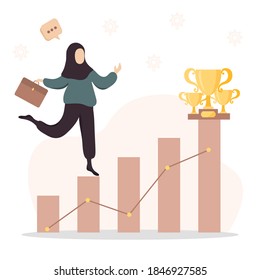 Cartoon vector illustration of business and education concept. Business woman climbing the career ladder. Islamic girl in hijab goes to her goal. Flat style.