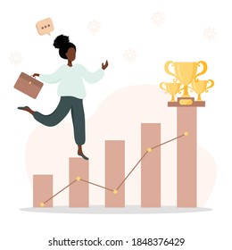 Cartoon vector illustration of business and education concept. Business woman climbing the career ladder. African girl goes to her goal. Flat style.