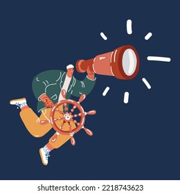 Cartoon vector illustration of Business leadership and visionary to lead company success, career direction or work achievement concept, smart businessman boat captain fly and control steering wheel 