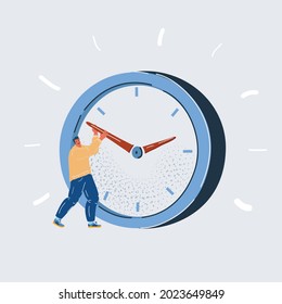 Cartoon vector illustration of Business man hangs on an arrow of giant clock. Character try to stop or turn back time on white isolation backround.