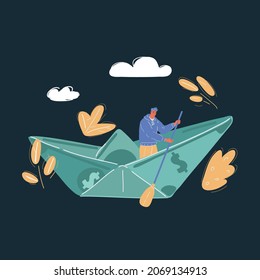 Cartoon vector illustration of Business man sailing in the sea with money boat on dark background.