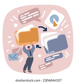 Cartoon vector illustration of Business man clerk holding big document papers folders stack. Workaholic concept.