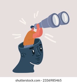 Cartoon vector illustration of Business man Vision. looking for new opportunities add knowledge or the strategy of a business or organization. Man with binoculars business goal search.