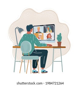Cartoon vector illustration of Business meeting online. Presentation of the project. Man speaks to her colleagues. Web conference concept.