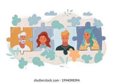 Cartoon vector illustration of Business partner team work together. Face on piece of jigsaw. Man and woman.
