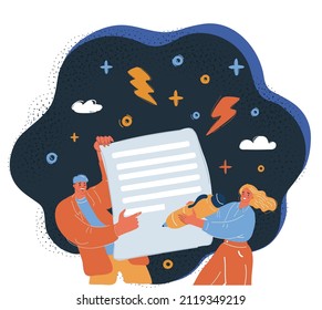 Cartoon vector illustration of Business people signing up the document over dark backround.