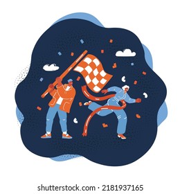 Cartoon vector illustration of Business People Competition Running Race. Woman finished first over dark background